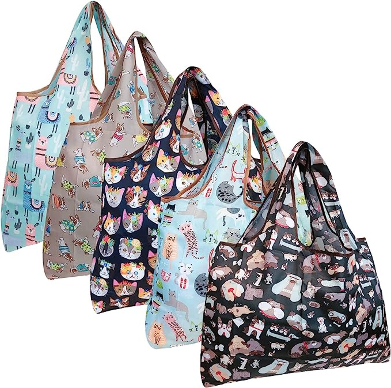 Wrapables Large Foldable Tote Nylon Reusable Grocery Bags, 5 Pack